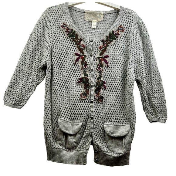 Anthropologie Nick & Mo Cottagecore Boho Embroidered Open Knit Gray Cardigan L - Picture 1 of 5
